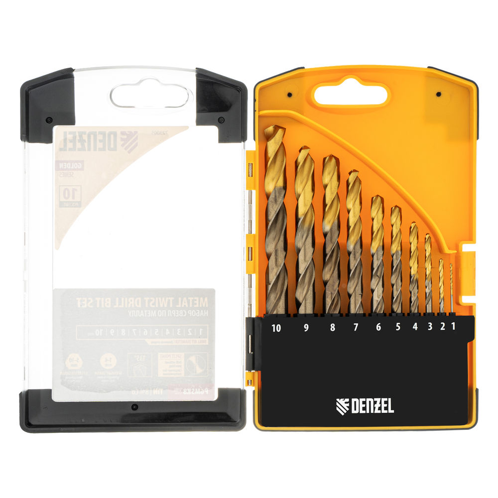 Набор сверл по металлу, 1-10 мм, Р6М5К8-TiN, Golden Tip, 10 шт Denzel (723005)