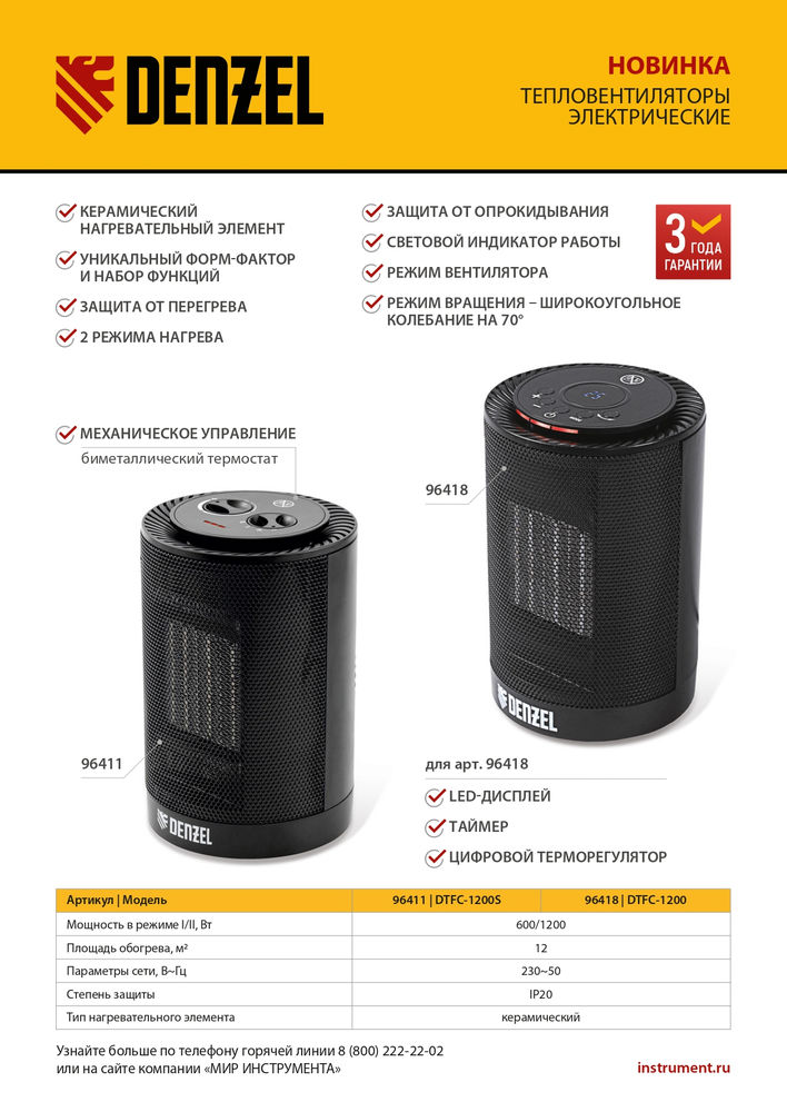 Тепловентилятор керамический DTFC-1200S, вращение, 3 реж., вент., нагрев 600/1200 Вт Denzel (96411)