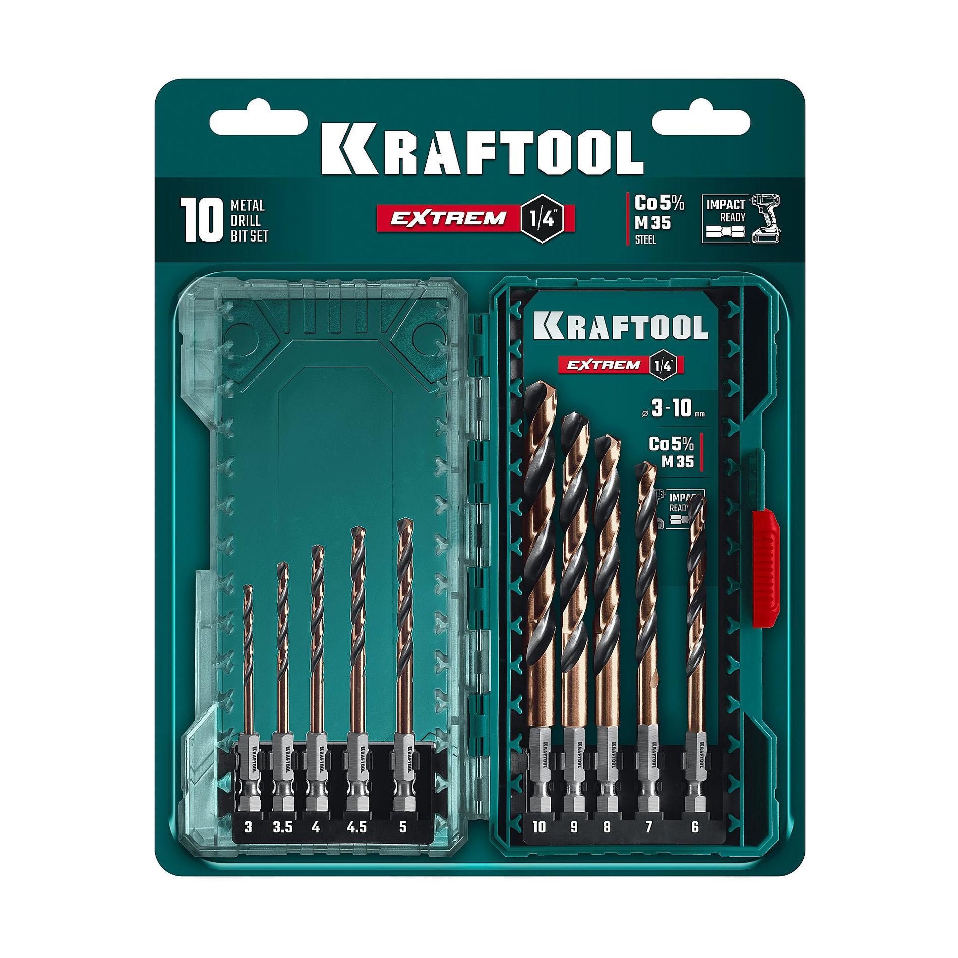 KRAFTOOL НЕХ-1/4?, 10 шт, набор сверл по металлу для винтовёртов и шуруповертов IMPACT READY (29652-H10)