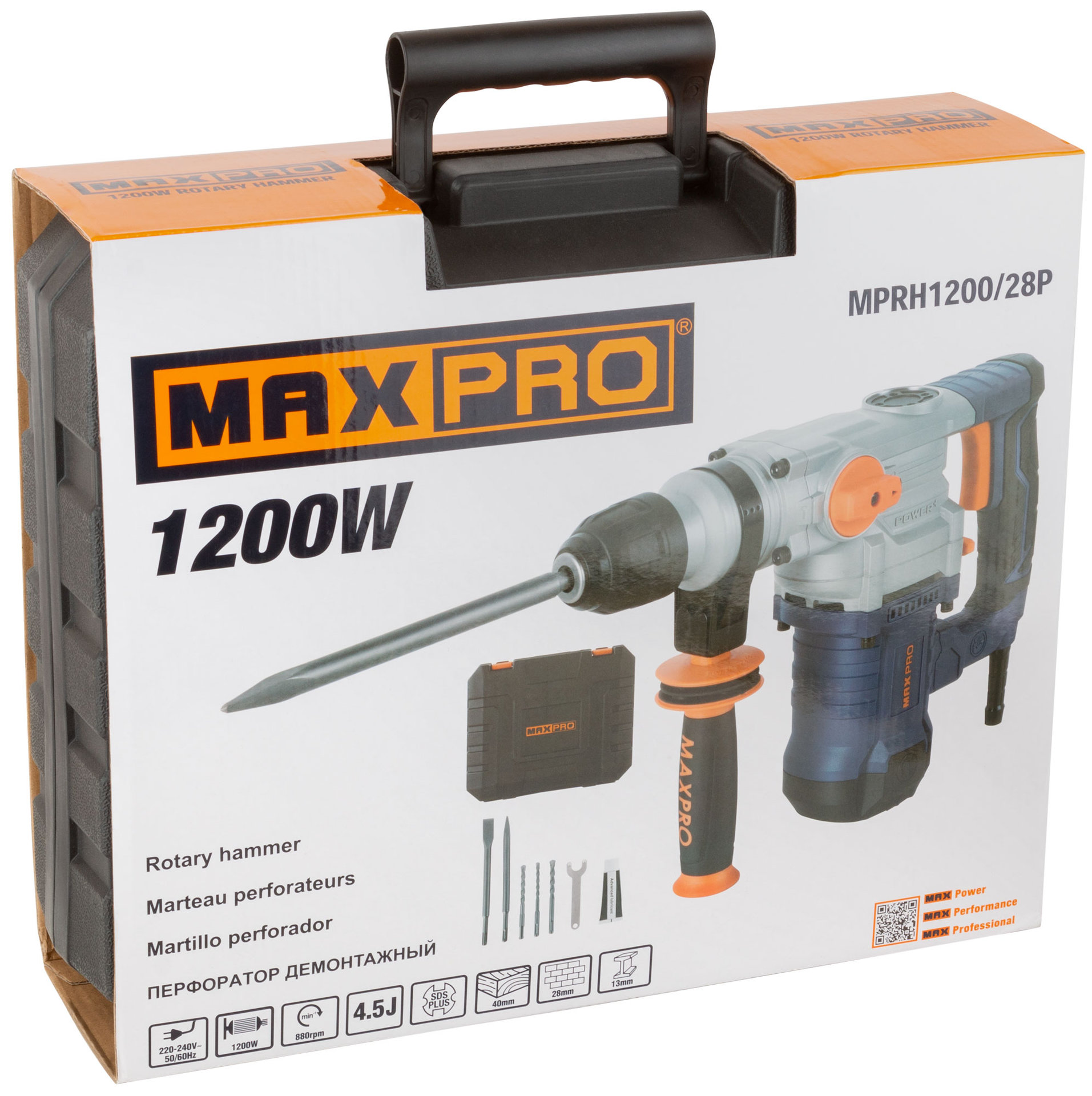 Перфоратор демонтажный 1200 Вт; 880 об/мин; 4,5 Дж; 3 режима; Д/Б/М-40/28/13; 4,95 кг; SDS-PLUS; антивибрационная ручка; резиновые вставки MAX-PRO 85091