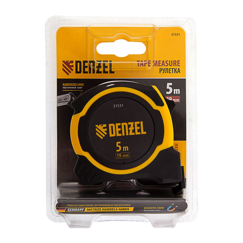 Рулетка 5м х 19мм, двухкомп. корпус, магнитный обрезиненный зацеп Denzel