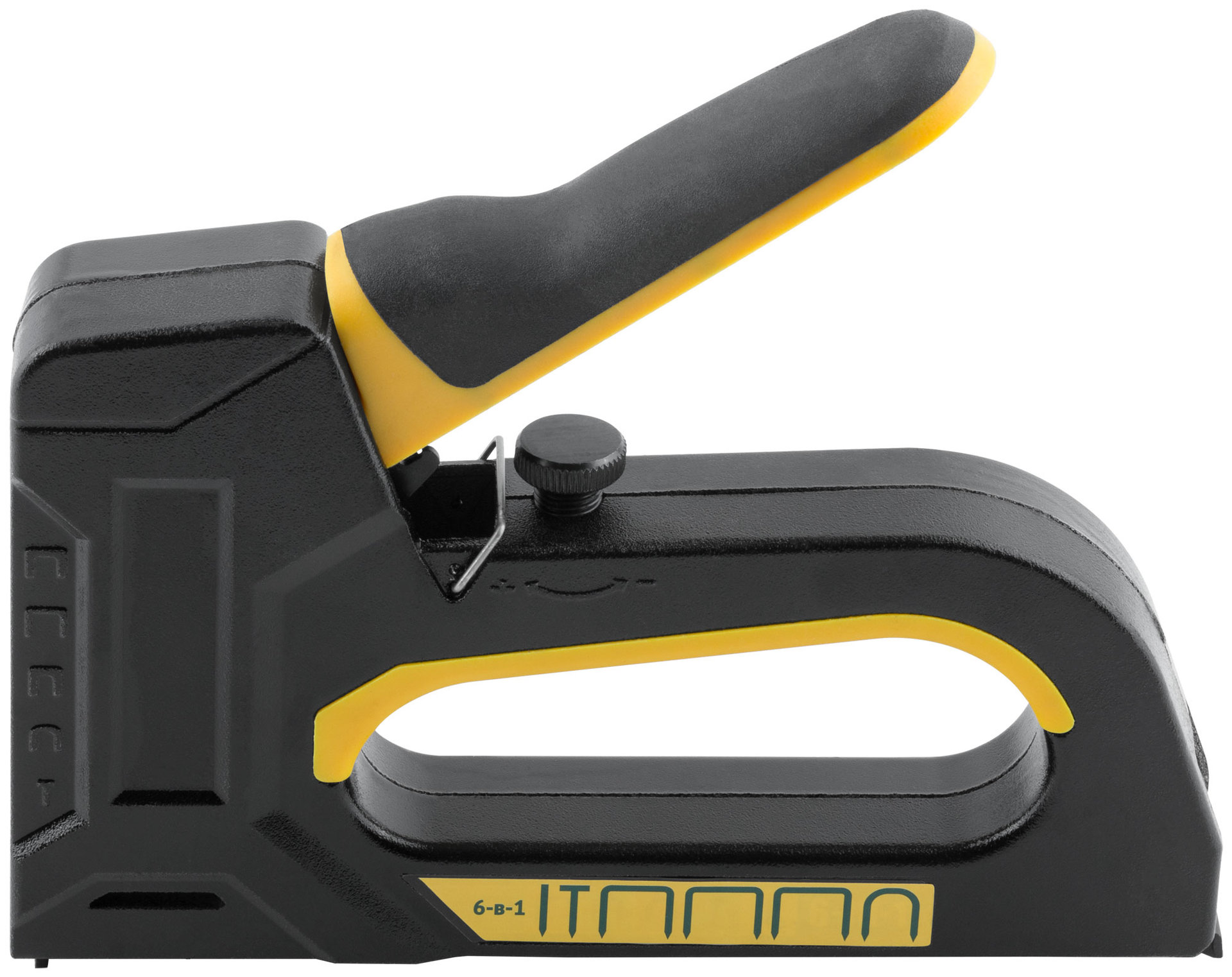 Степлер 6-в-1 для скоб тип 53,тип 53F, тип 140, тип 28, тип 300, тип 500 , 4-14 мм, регулировка силы удара, рессорный механизм, алюминиевы (32168)