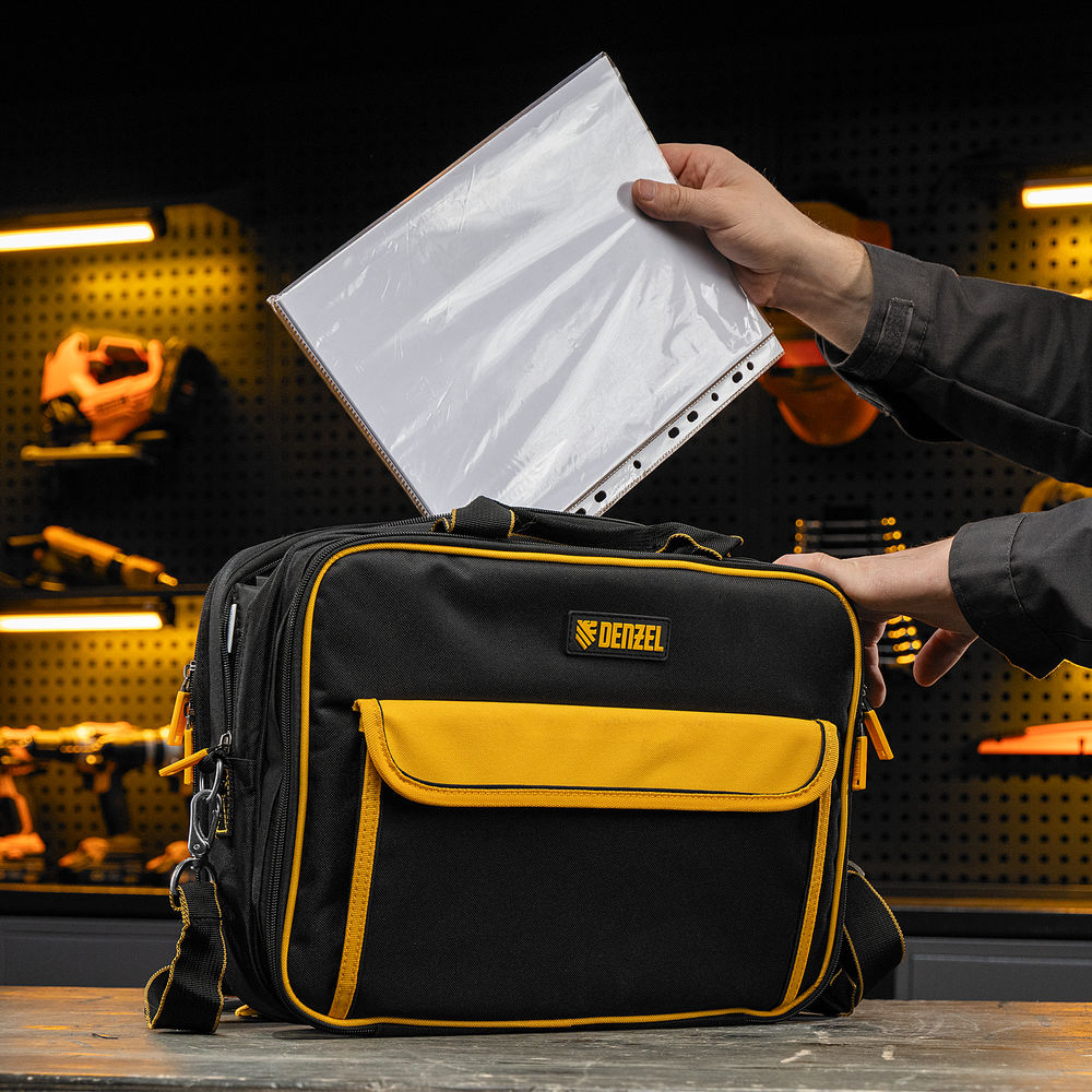 Сумка для инструмента, 400х170х300 мм, 3 отделения, 28 карманов, наплечный ремень Denzel