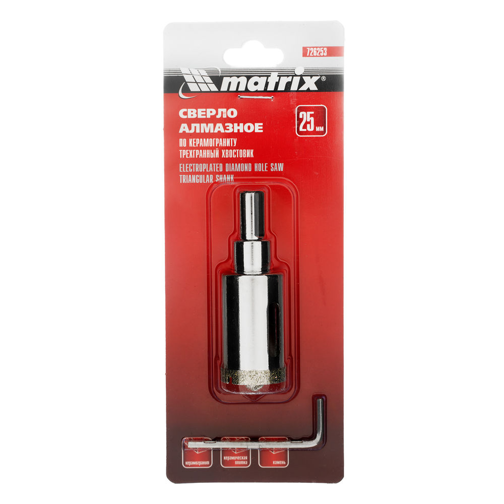Сверло алмазное по керамограниту, 25 х 67 мм, трехгранный хвостовик Matrix (726253)