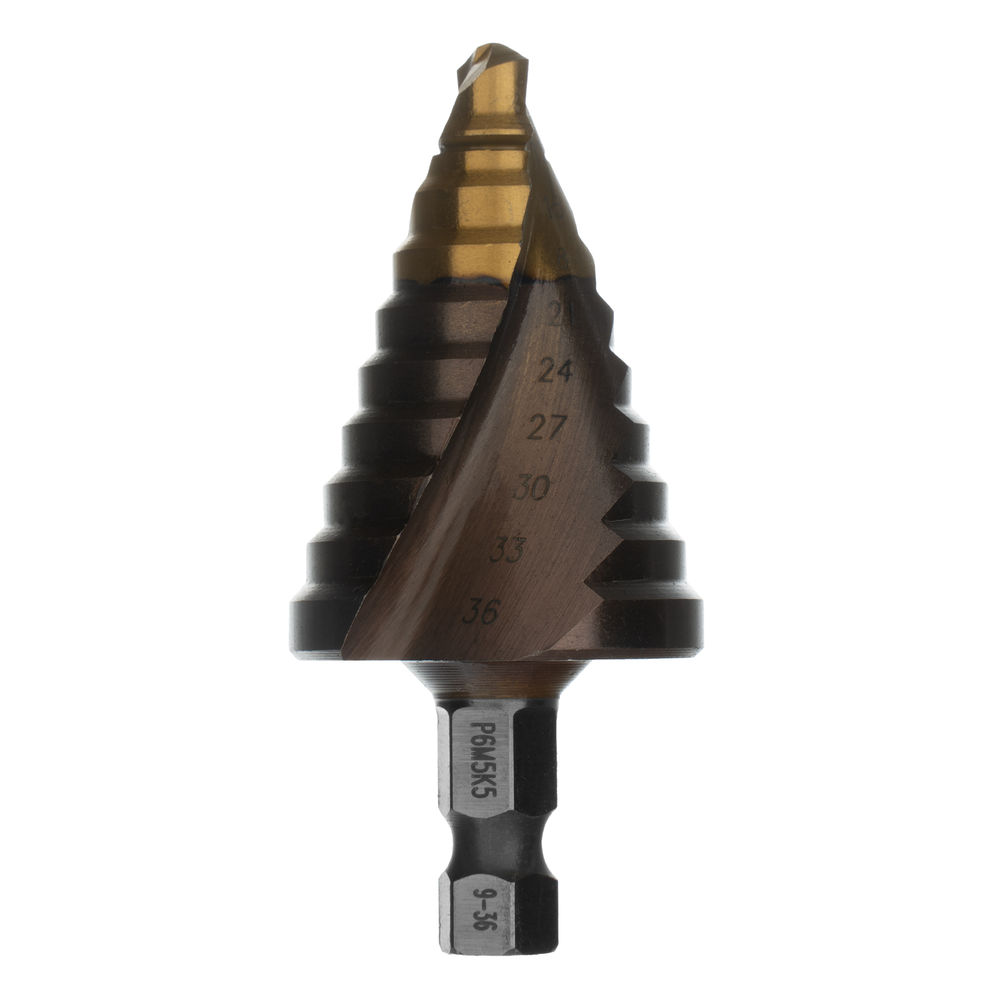 Сверло ступенчатое, 9-12-15-18-21-24-27-30-33-36 мм, Р6М5К5, 6-гр. хвостовик Denzel (723615)