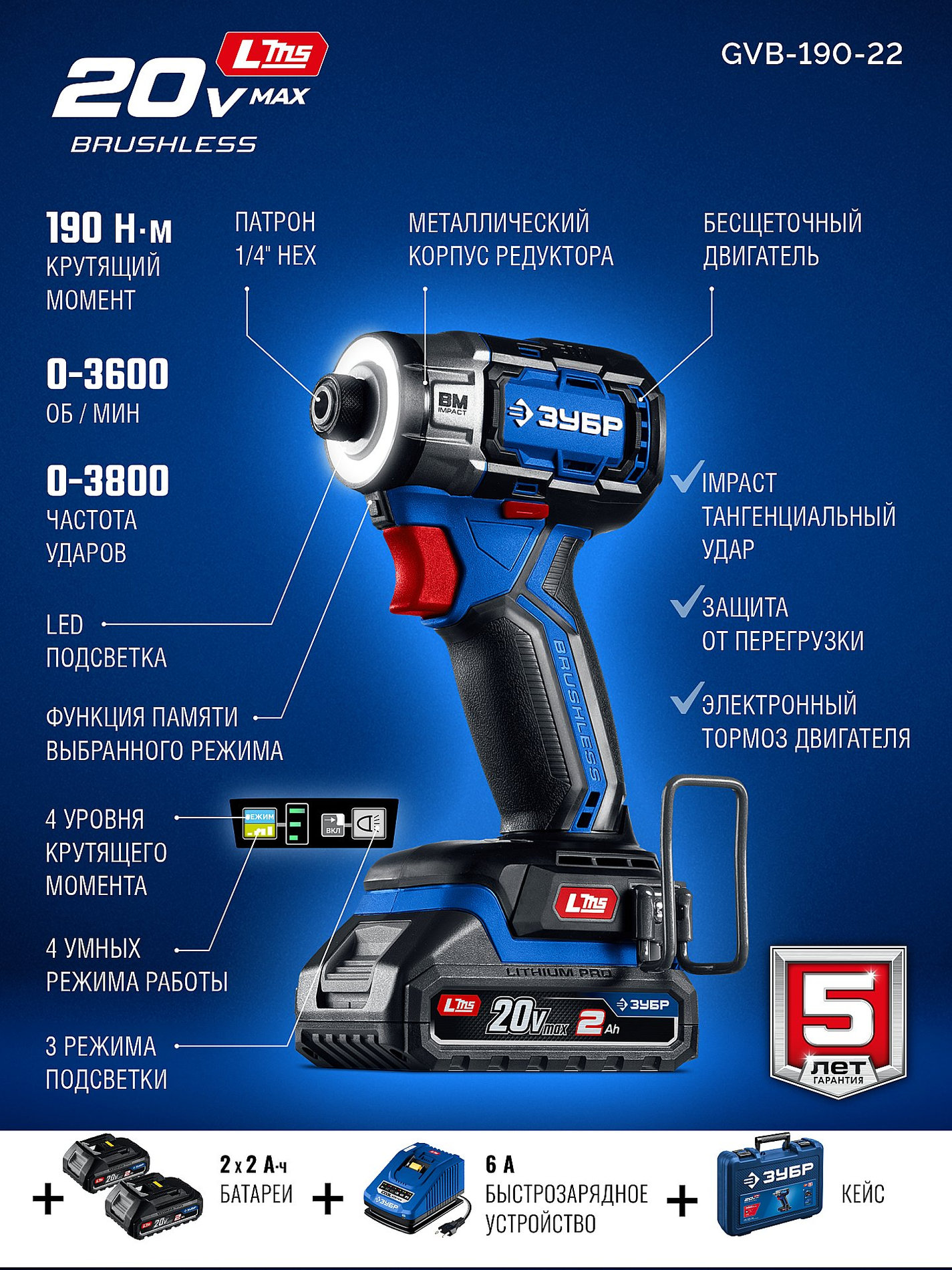 ЗУБР 20 В, 190 Н·м, 2 АКБ LMS (2 А·ч), бесщеточный ударный винтоверт, кейс, ПРОФЕССИОНАЛ (GVB-190-22)