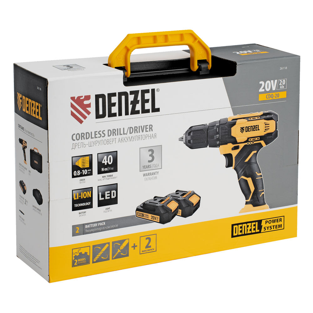 Дрель-шуруповерт аккумуляторная CDQ-20, Li-Ion, 20 В// Denzel (26118)