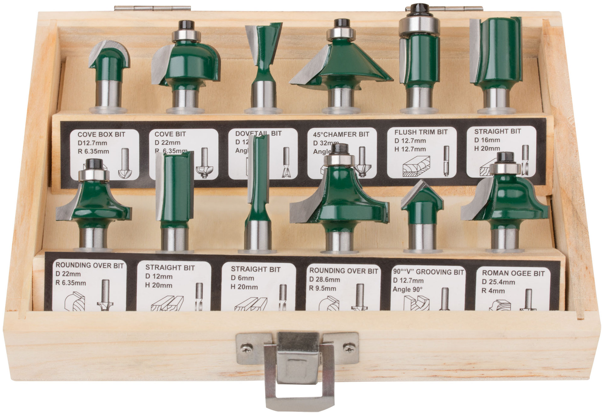 Фрезы по дереву кромочные, набор 12 шт., деревянный бокс, хвостовик 8 мм (36578)