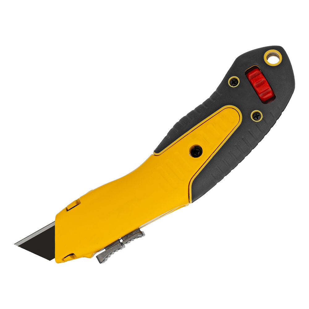 Нож, 19мм, сменное трапециевидное  лезвие, SK4, алюминиевый корпус, торцевой зажим Denzel (78916)