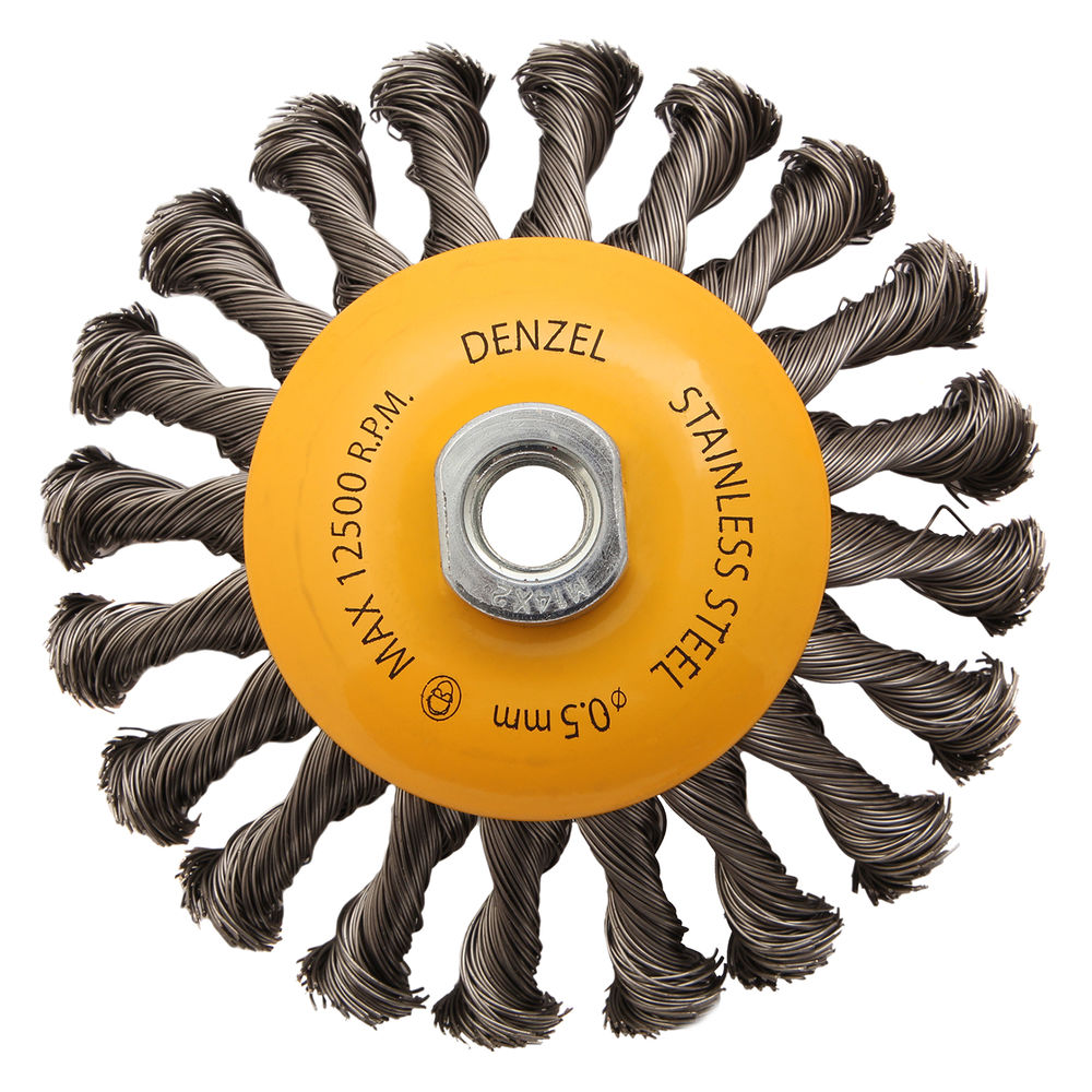 Щетка для УШМ, 125 мм, Тарелка, крученая нержавеющая проволока 0.5 мм, М14 Denzel (746113)