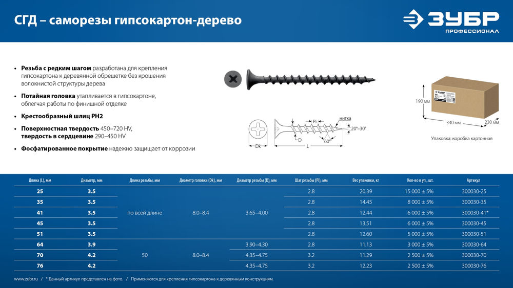Саморез гипсокартон-дерево фосфатированный 70 х 4.2 мм, 11.29 кг СГД ЗУБР 300030-70