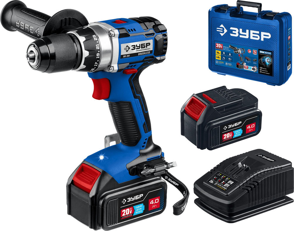 Бесщеточная дрель-шуруповерт 20 В 70 Н·м 2 АКБ 4 А·ч кейс Профессионал ЗУБР Т7 DB-201-42