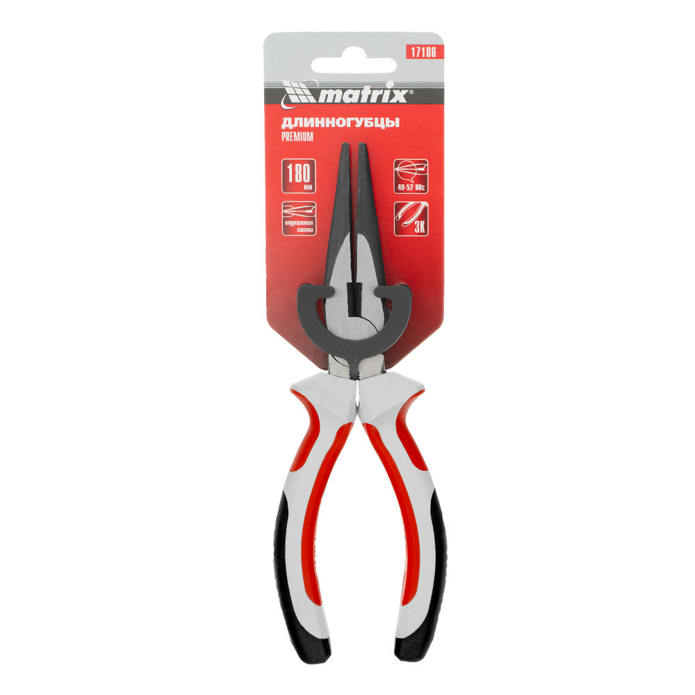Длинногубцы прямые Premium, 180 мм, трехкомпонентные рукоятки Matrix (17186)