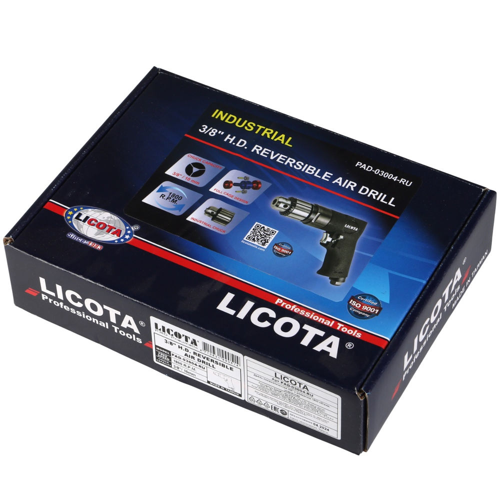 Дрель пневматическая 3/8 с реверсом 1800 об/мин, усиленная, Licota, PAD-03004-RU