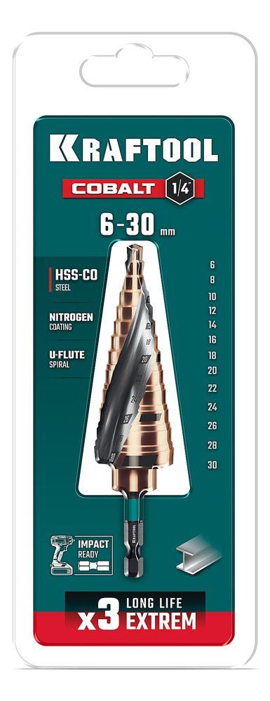 Сверло ступенчатое COBALT, 6–30 мм, 13 ступеней, азотирование, винтовая спираль KRAFTOOL 29691-6-30-13