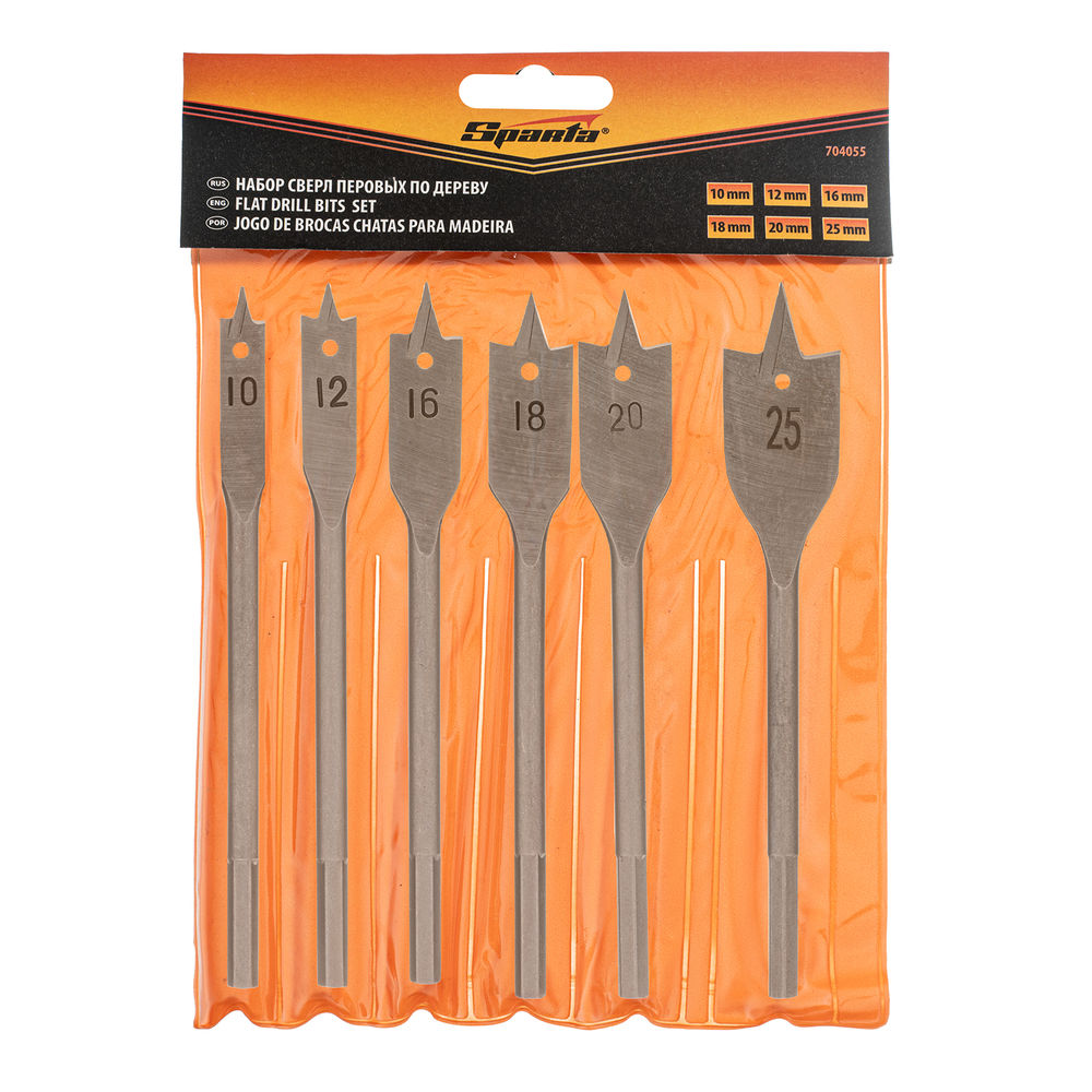 Набор сверл перовых по дереву, 10-12-16-18-20-25 мм, 6 шт, шестигранный хвостовик Sparta (704055)