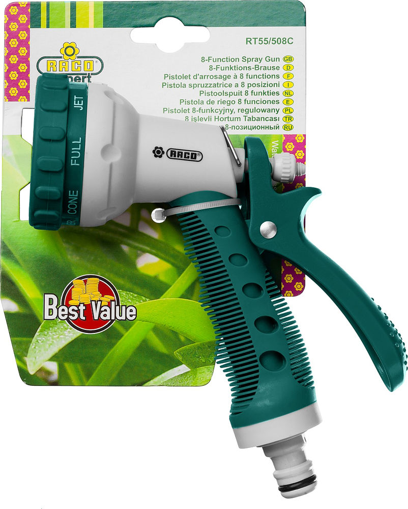 Поливочный пистолет 508C, 8 режимов, курок сзади, пластиковый с TPR RACO 4255-55/508C-18