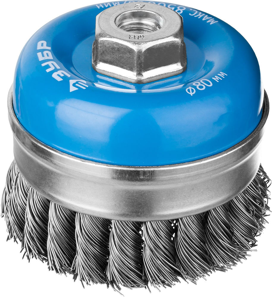 Щетка-крацовка чашечная для УШМ усиленная 80 мм, жгутированная стальная проволока 0.5 мм ЗУБР Профессионал 3527-080_z02