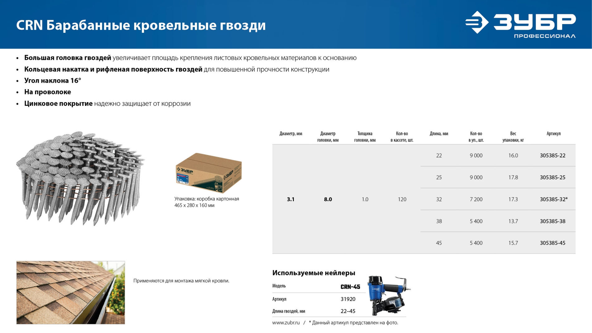ЗУБР CRN 38 х 3.1 мм, барабанные гвозди кровельные оцинкованные, 5400 шт (305385-38)