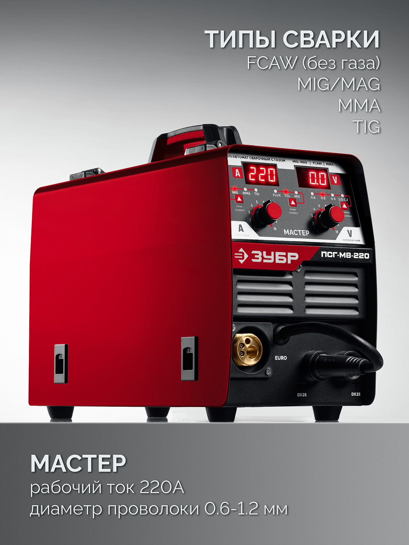 ЗУБР MASTER, MIG / MAG, FCAW, MMA, TIG, 220 А, полуавтомат сварочный, с газом / без газа, горелка ПСГ-220 (ПСГ-М8-220)