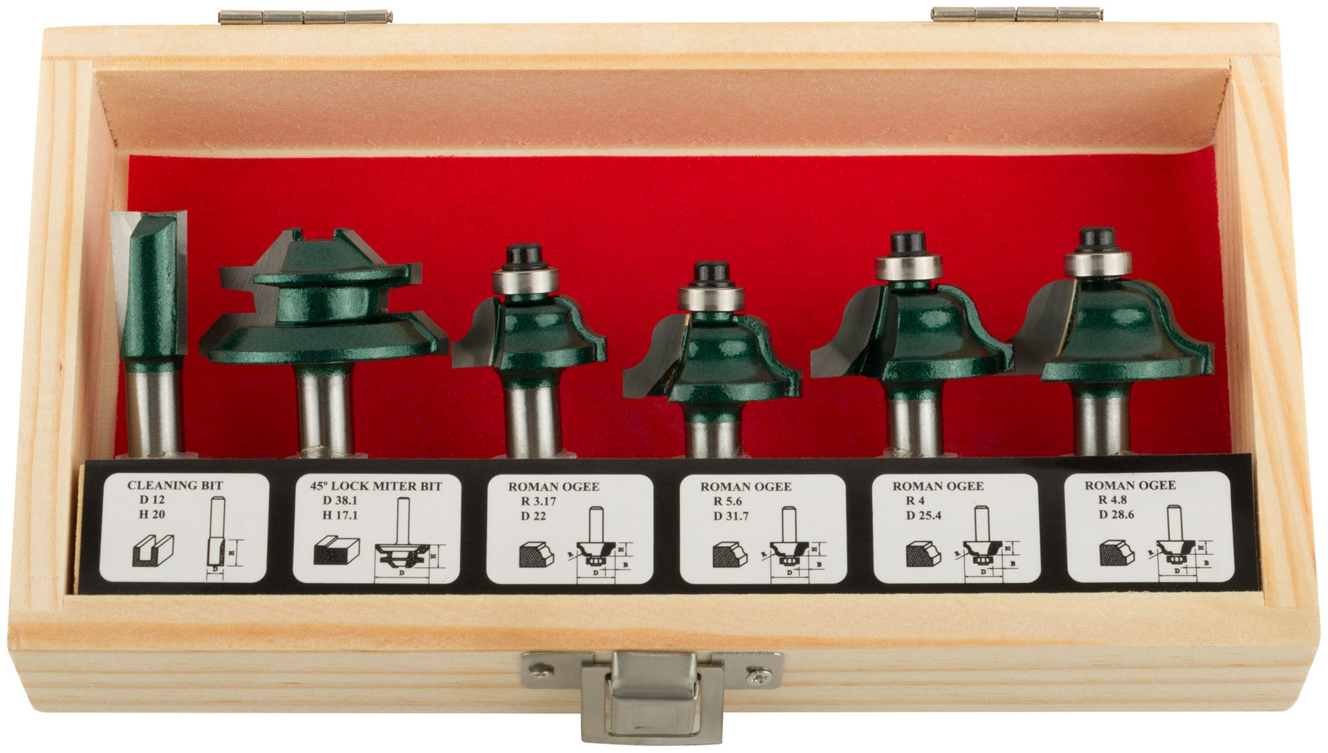 Фрезы по дереву кромочные, набор 6 шт., деревянный бокс, хвостовик 8 мм (36572)