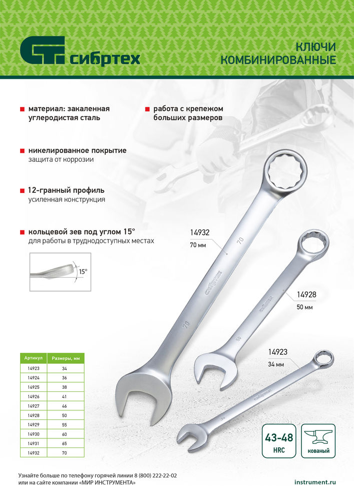 Ключ комбинированный 38мм, никелированный Сибртех (14925)