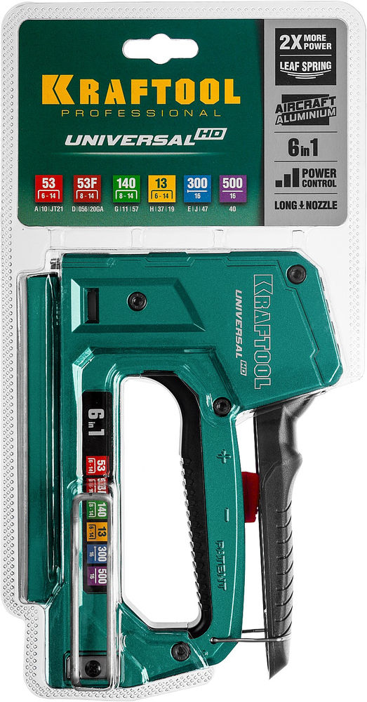 Универсальный алюминиевый степлер Universal-HD, 6-в-1: 53 (A/10/JT21) 23GA (6–14 мм)/140 (G/11/57) 20GA (8–14 мм)/13/53F/300/500 KRAFTOOL 3188