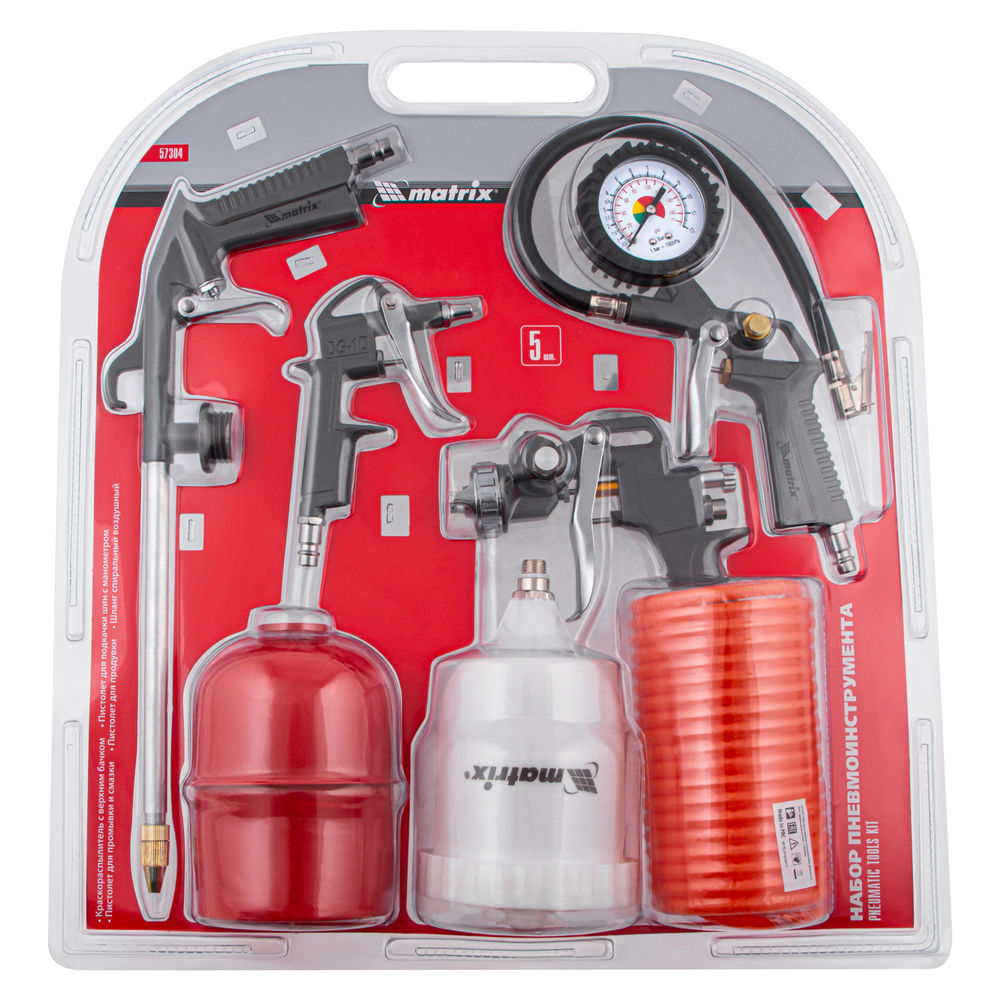 Набор пневмоинструмента, 5 предметов, быстросъемное соединение, краскораспылитель с верхним бачком Matrix (57304)