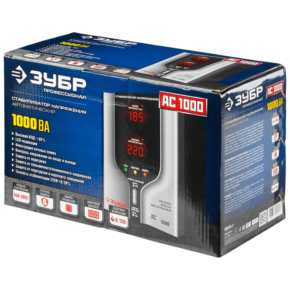 Стабилизатор напряжения автоматический 1000 ВА, 1 кВт ЗУБР Профессионал 59375-1