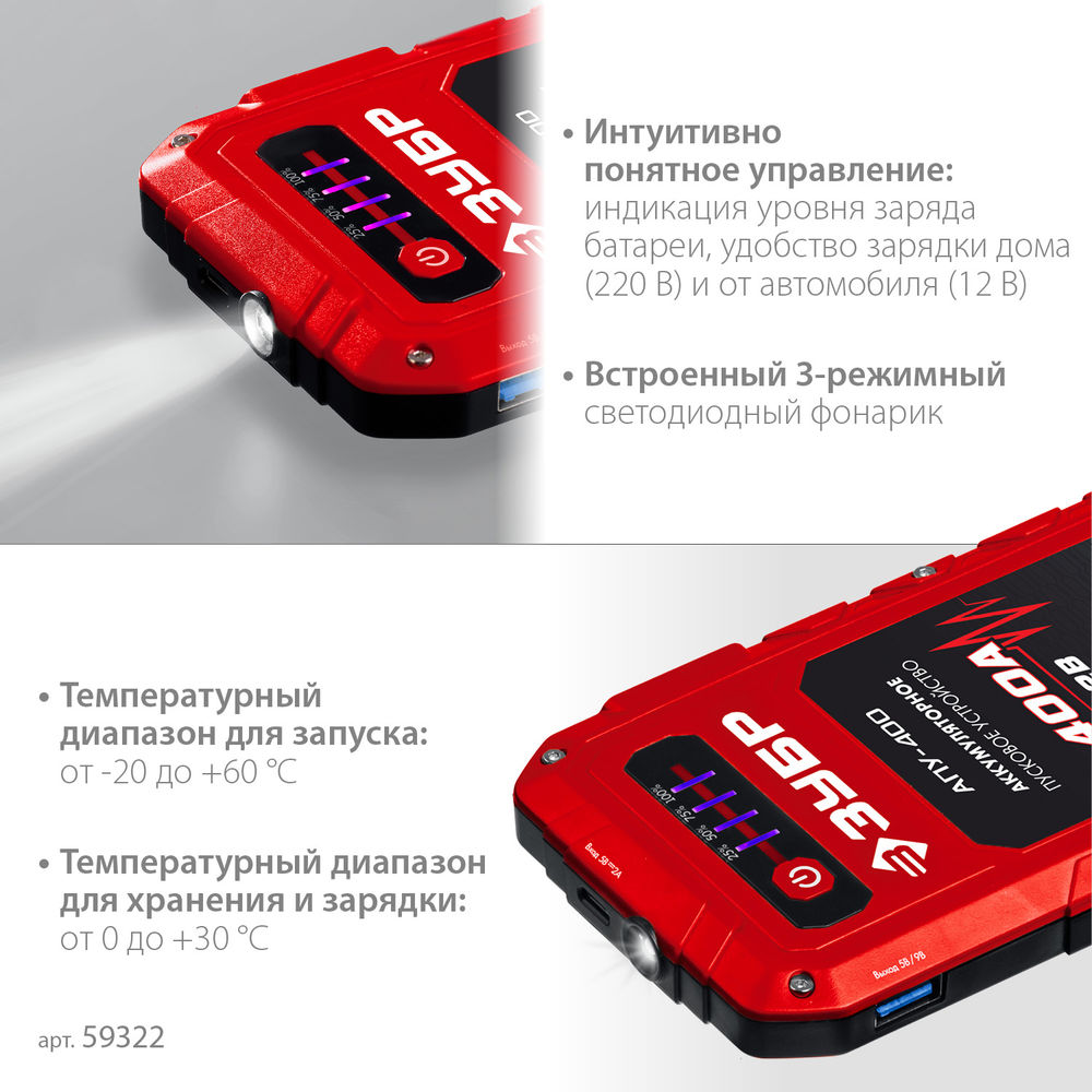 Пусковое устройство 12 В макс. 400 А аккумуляторное ЗУБР АПУ-400 59322