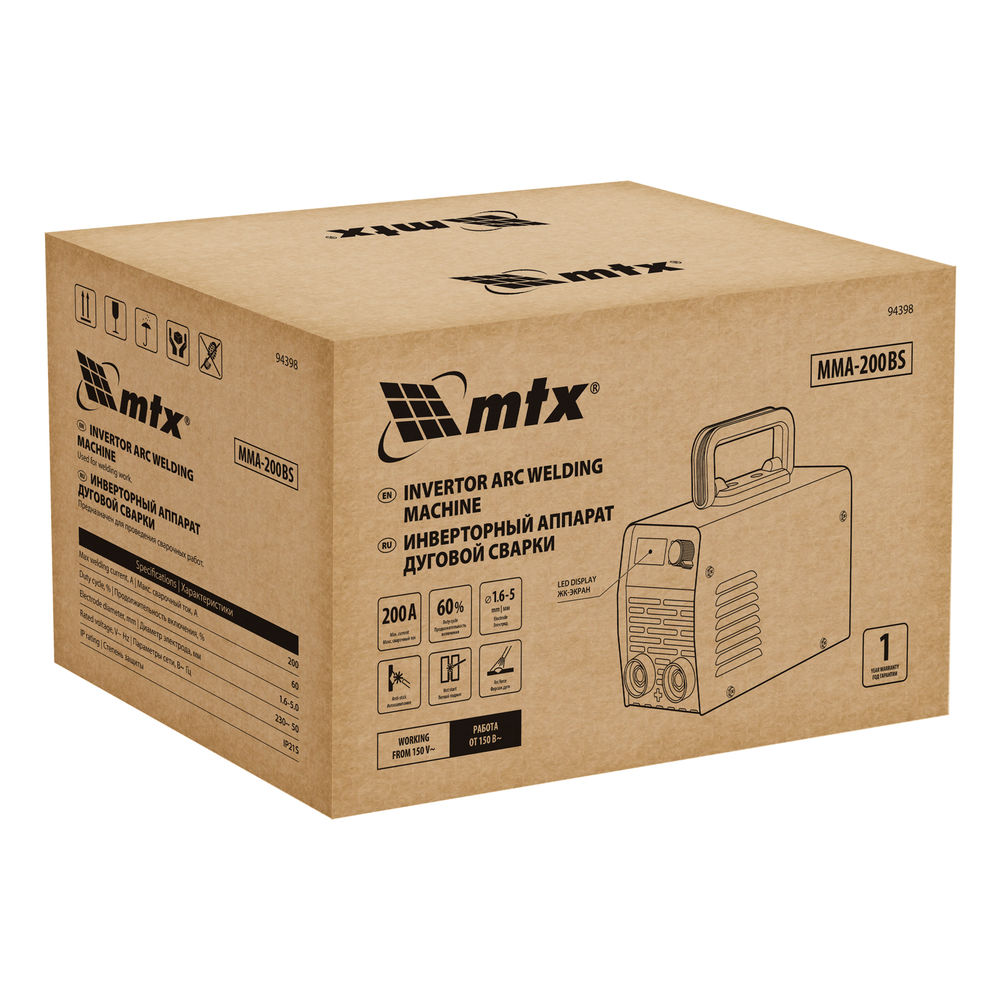 Инверторный аппарат дуговой сварки MMA-200BS, 200 А, ПВ 60% MTX (94398)