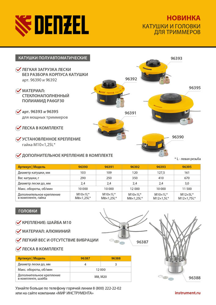 Катушка триммер. полуавтомат. легкая заправка гайка М10 М10 М8, лев. шаг 1,0 1,25мм Denzel (96390)