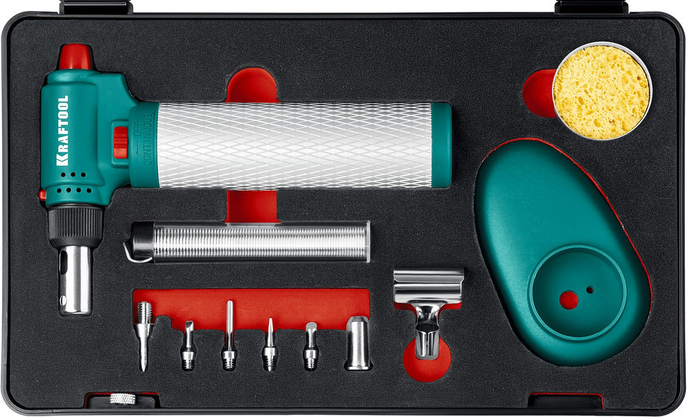 Газовый паяльник Multi torch, 30–150 Вт, 1300°С, набор 8 в 1: горелка, фен, пьезоподжиг KRAFTOOL 55506-H8