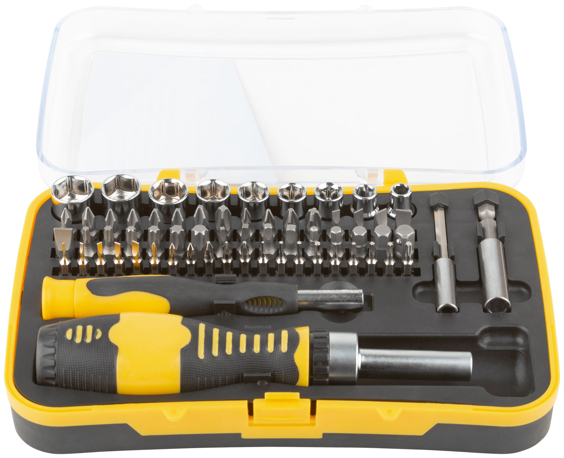 Отвертки реверсивная и для точных работ, набор 65 шт., пластиковый прорезиненный кейс (56387)