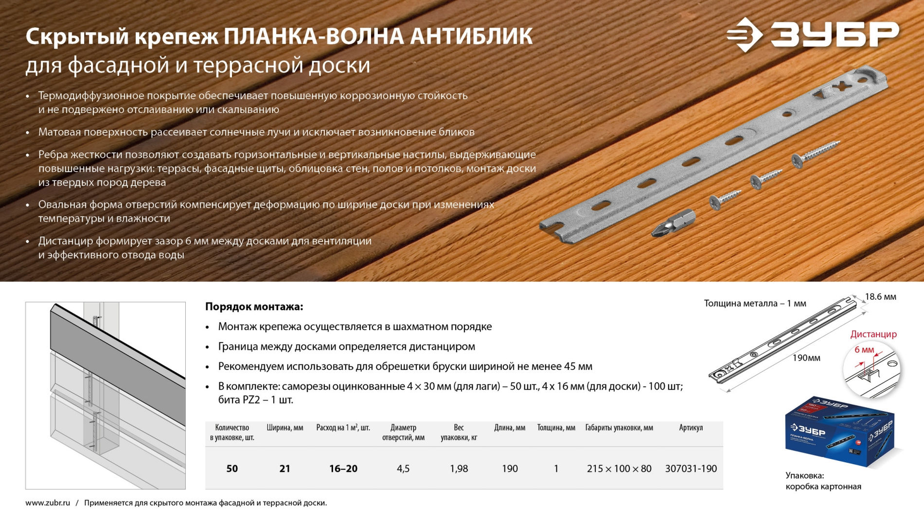 ЗУБР Планка-Волна Антиблик 190 мм, крепеж для фасадной и террасной доски, термодиф. покрытие, с саморезами и битой, 50 шт, Профессионал (307031-190)