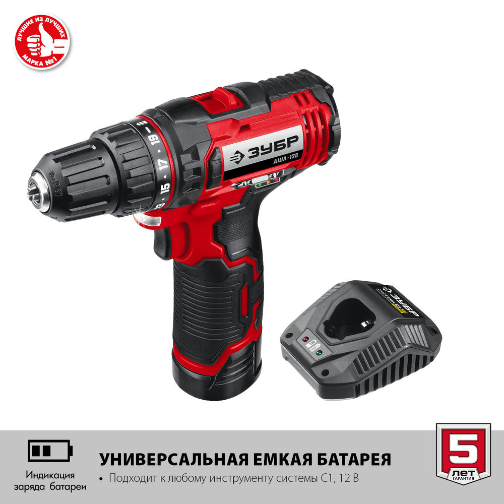 Дрель-шуруповерт 12 В 30 Н·м 2 АКБ 2 А·ч кейс ЗУБР С1-12 ДШЛ-125-22