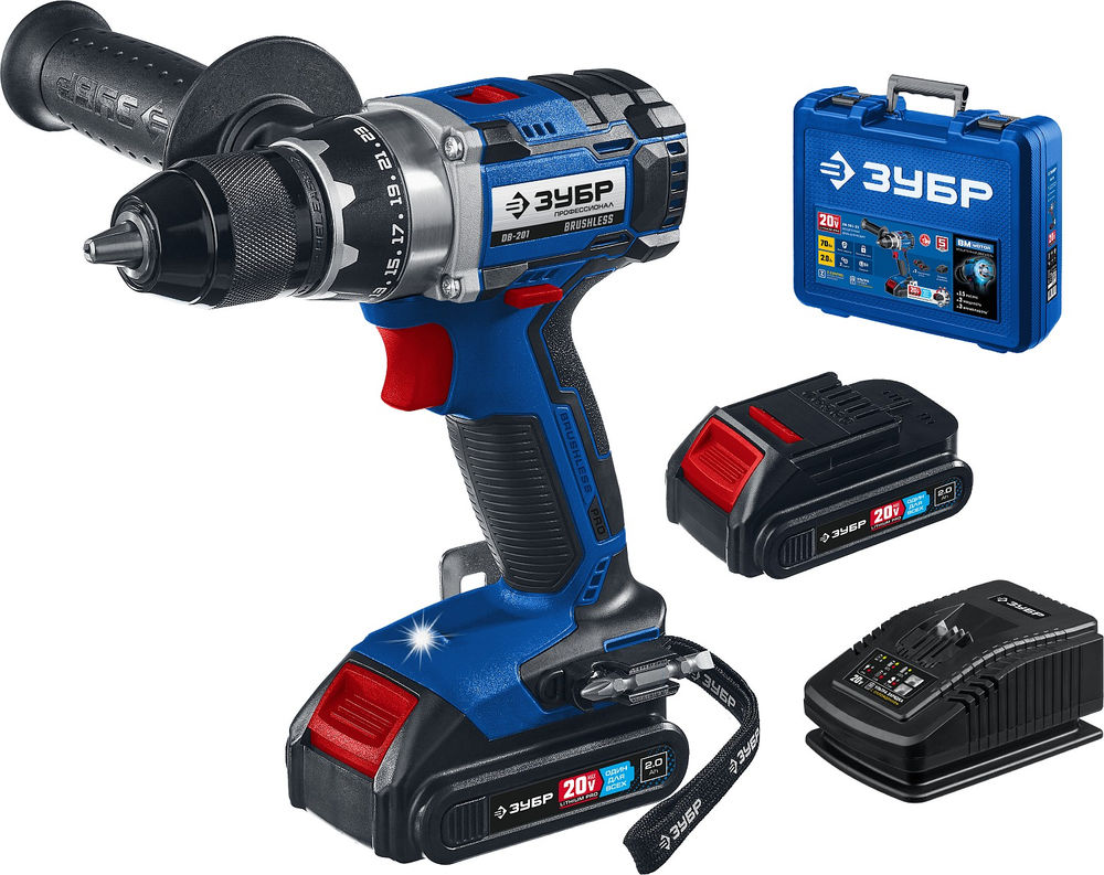 Бесщеточная дрель-шуруповерт 20 В 70 Н·м 2 АКБ 2 А·ч кейс Профессионал ЗУБР Т7 DB-201-22