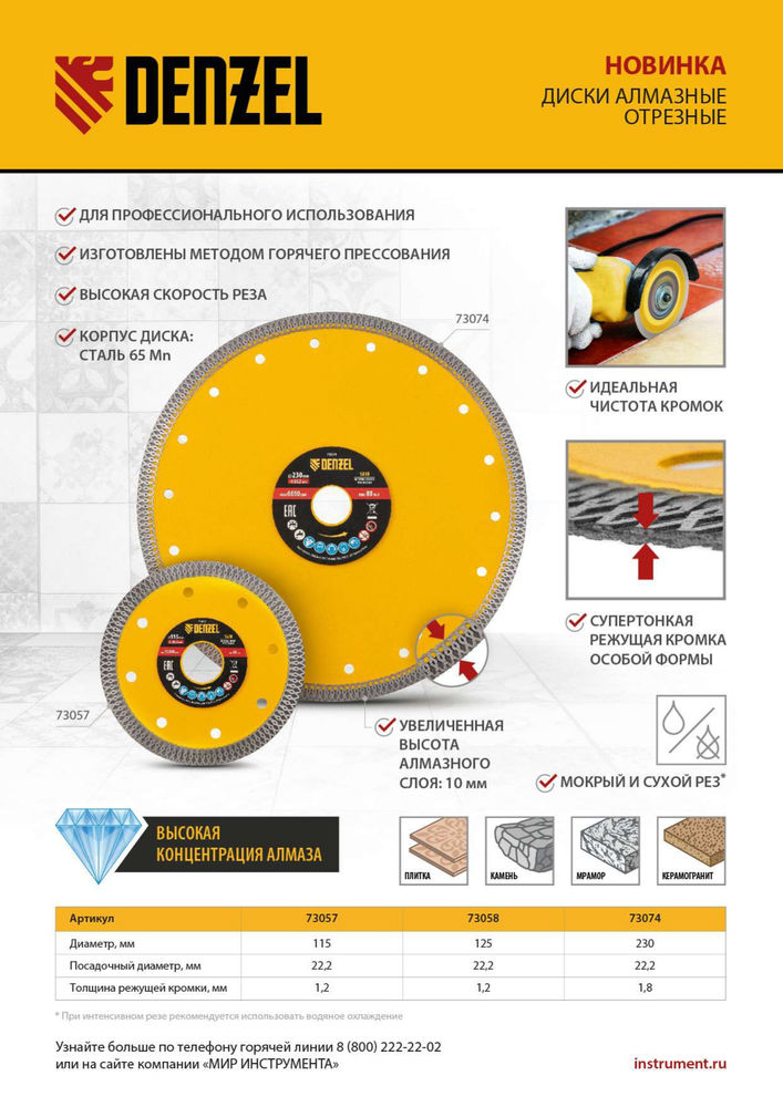 Диск алмазный отрезной 115 х 22,2мм, сплошной, супертонкий, горячий пресс, сухой/мокрый рез Denzel (73057)