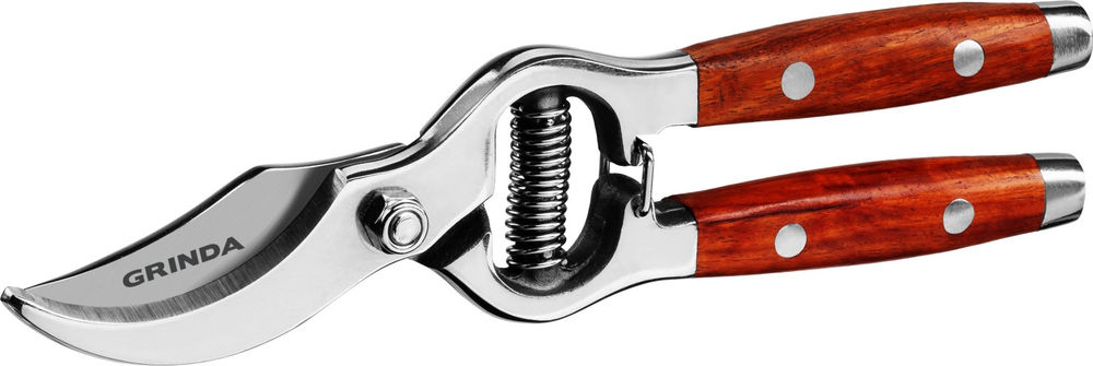 Плоскостной секатор P-15, 210 мм, нержавеющая сталь, с деревянными рукоятками, цельнокованый, PROLine GRINDA 423415