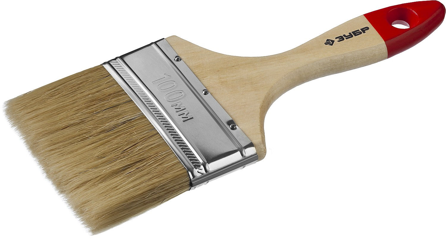 Кисть плоская 100 мм, 4, светлая натуральная щетина, деревянная ручка, все виды ЛКМ ЗУБР УНИВЕРСАЛ 4-01003-100