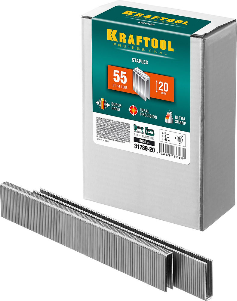 Скобы тип 55 (90/C), 20 мм, калибр 18GA, 5000 шт KRAFTOOL 31789-20