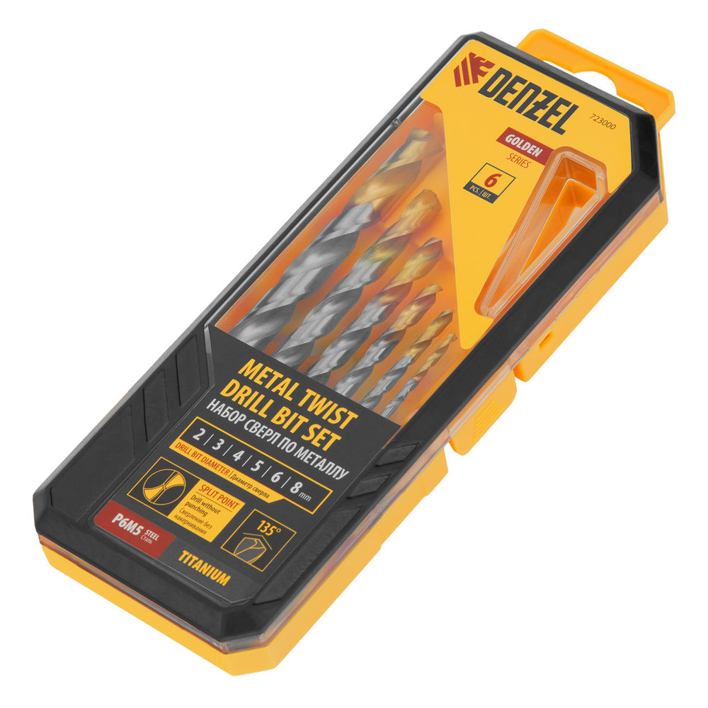 Набор сверл по металлу, 2-8мм, Р6М5-TiN, Golden Tip, 6 шт Denzel (723000)