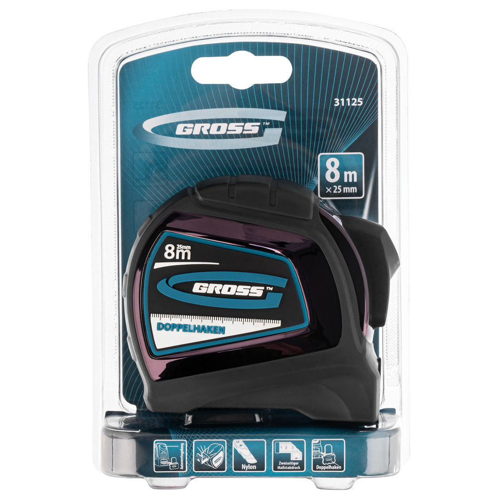Рулетка Doppelhaken,8 м x 25 мм,двухсторонний зацеп,Нейлон,двусторонняя шкала,автоматическая фиксация Gross