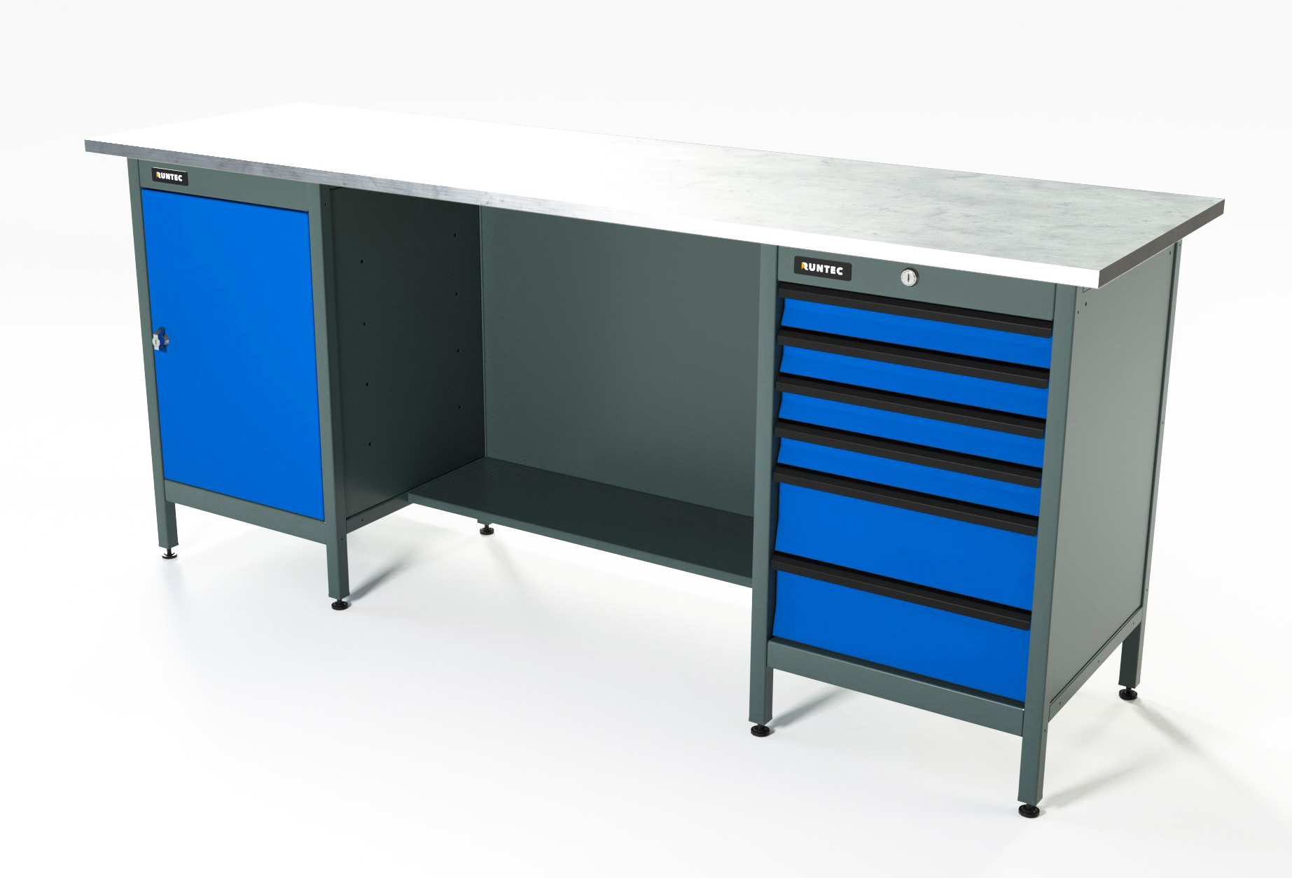Верстак серии Standart, 2000 мм, оцинк, тумба с дверью + тумба с 6-ю ящиками, синий RAL 5005 RUNTEC RTS20Z-TS0-TS6-5005