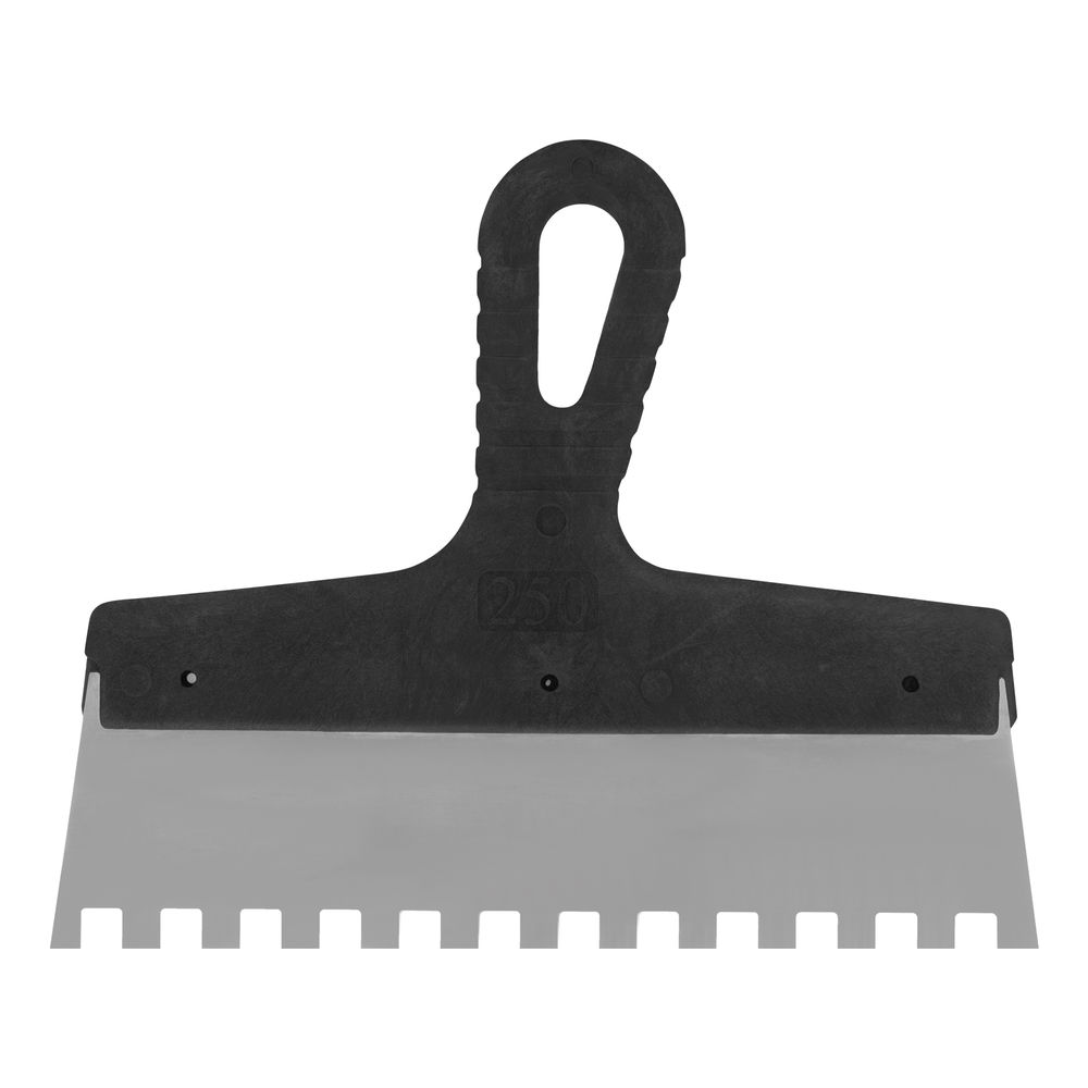 Шпатель из нержавеющей стали, 250 мм, зуб 10 х 10 мм, пластмассовая ручка Сибртех (85500)