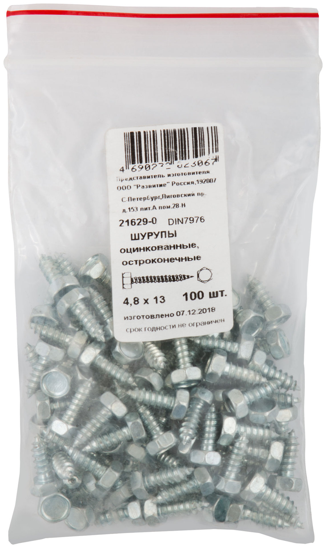 Шурупы оцинкованные, остроконечные DIN7976, 4,8 х 13 100 шт Фасовка (21629-0)