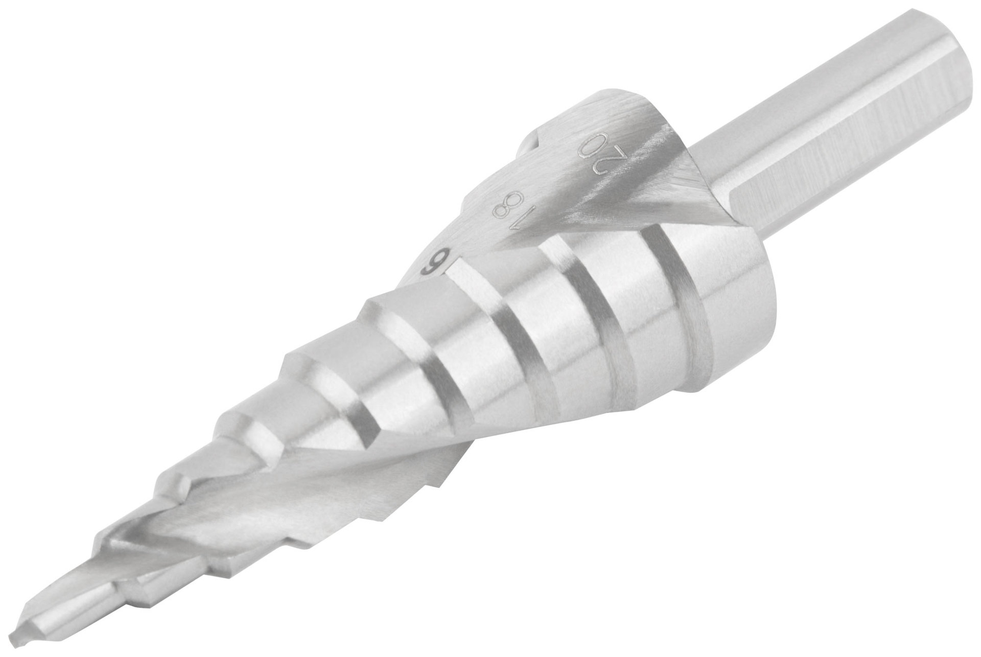 Сверло ступенчатое HSS по металлу, спиральный профиль, 9 ступеней, 4-20 мм