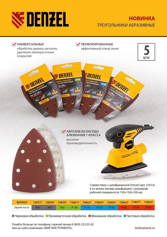 Треугольник абразивный на ворc. подложке под липучку, перф., P 80, 150х150х100 мм, 5 шт. Denzel (738597)