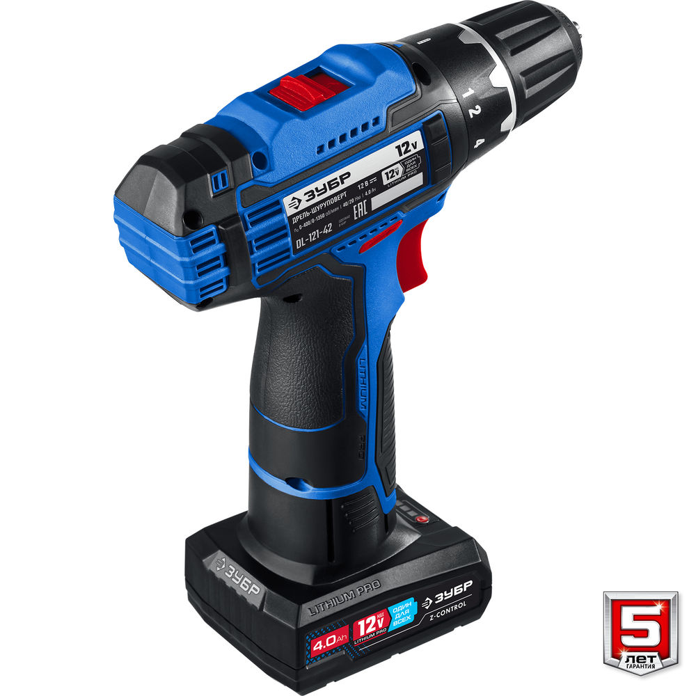 Дрель-шуруповерт 12 В 40 Н·м 2 АКБ тип Т7 4 А·ч сумка Профессионал ЗУБР DL-121-42