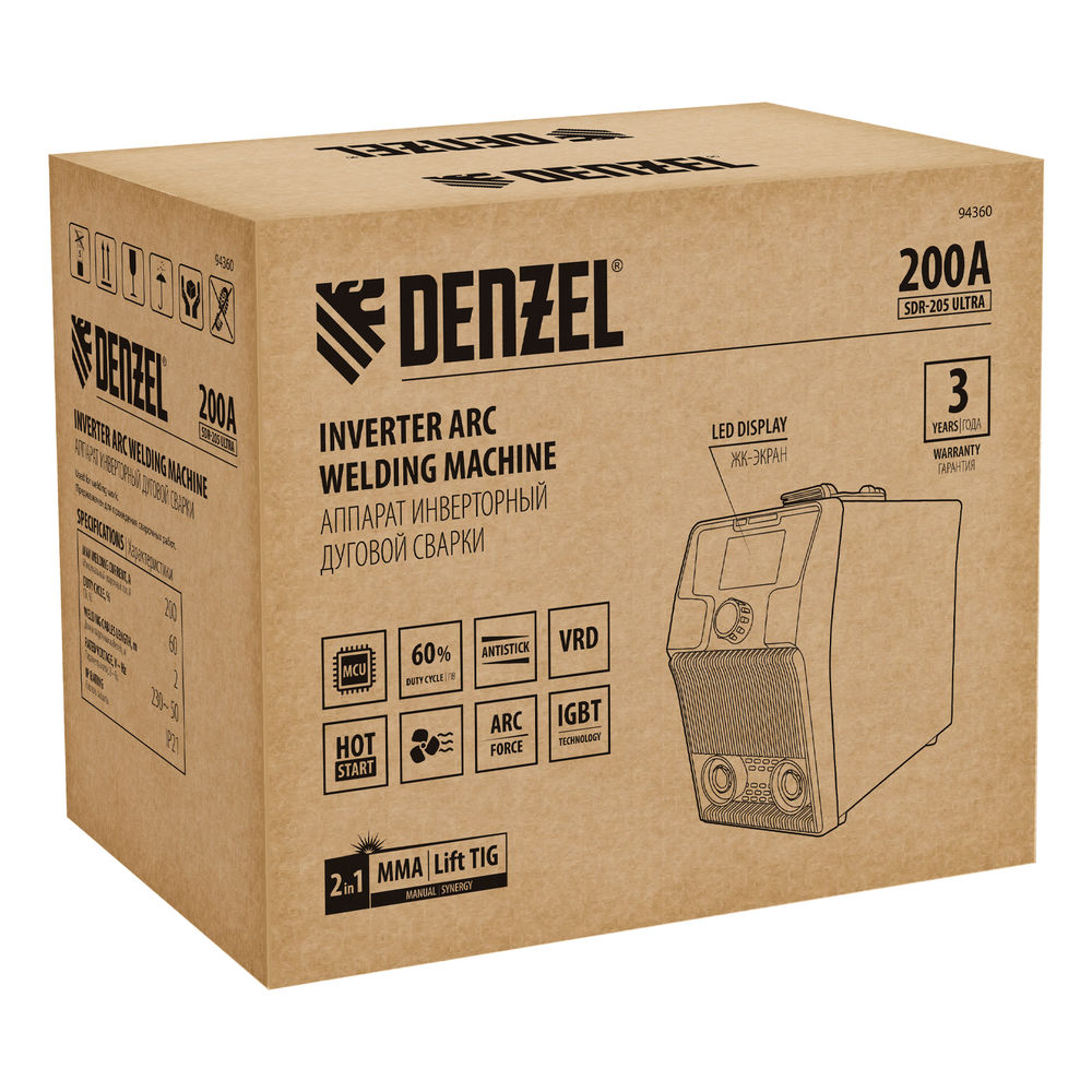 Аппарат инвертор. дуговой сварки SDR-205 Ultra, 200 А, ПВ 60% Denzel (94360)